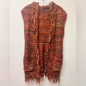 Hooded Boho Shaggy Fringe Cardigan Vest Size Large Rustic Hippie Folk Wool Blend